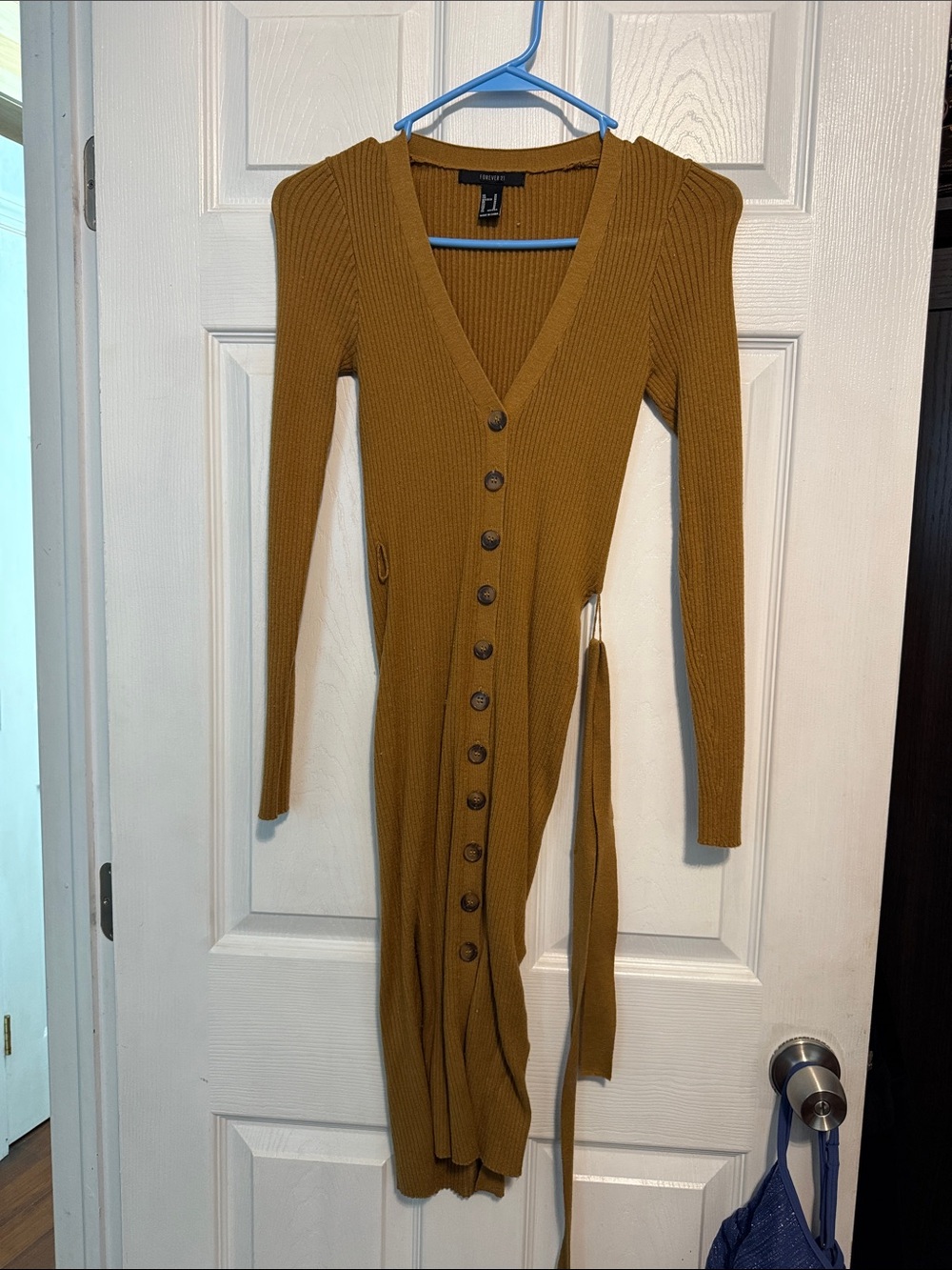 Forever 21 Mustard Ribbed Button-Front Long Sleeve Dress